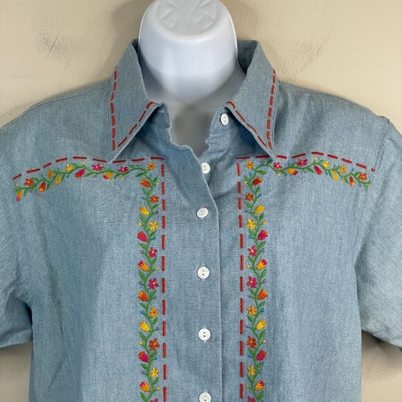 Vintage Floral Chambray Top NWT Womens 14 Button Up Camp Shirt Nature Cottage - Picture 13 of 13